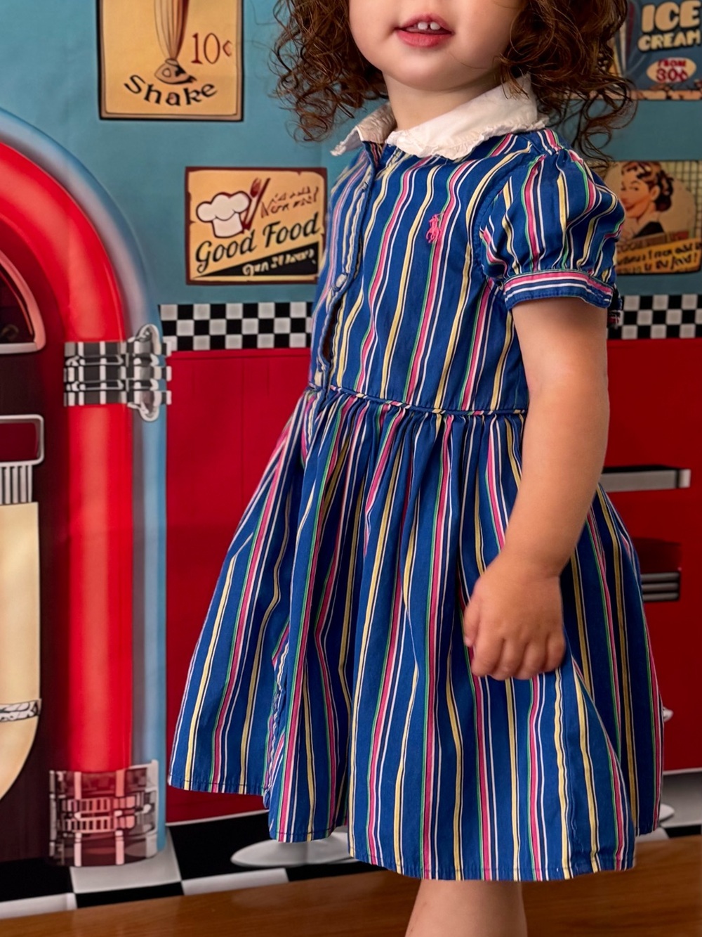 Polo by Ralph Lauren Blue Multi-Striped Girls Dress with White Peter Pan Collar